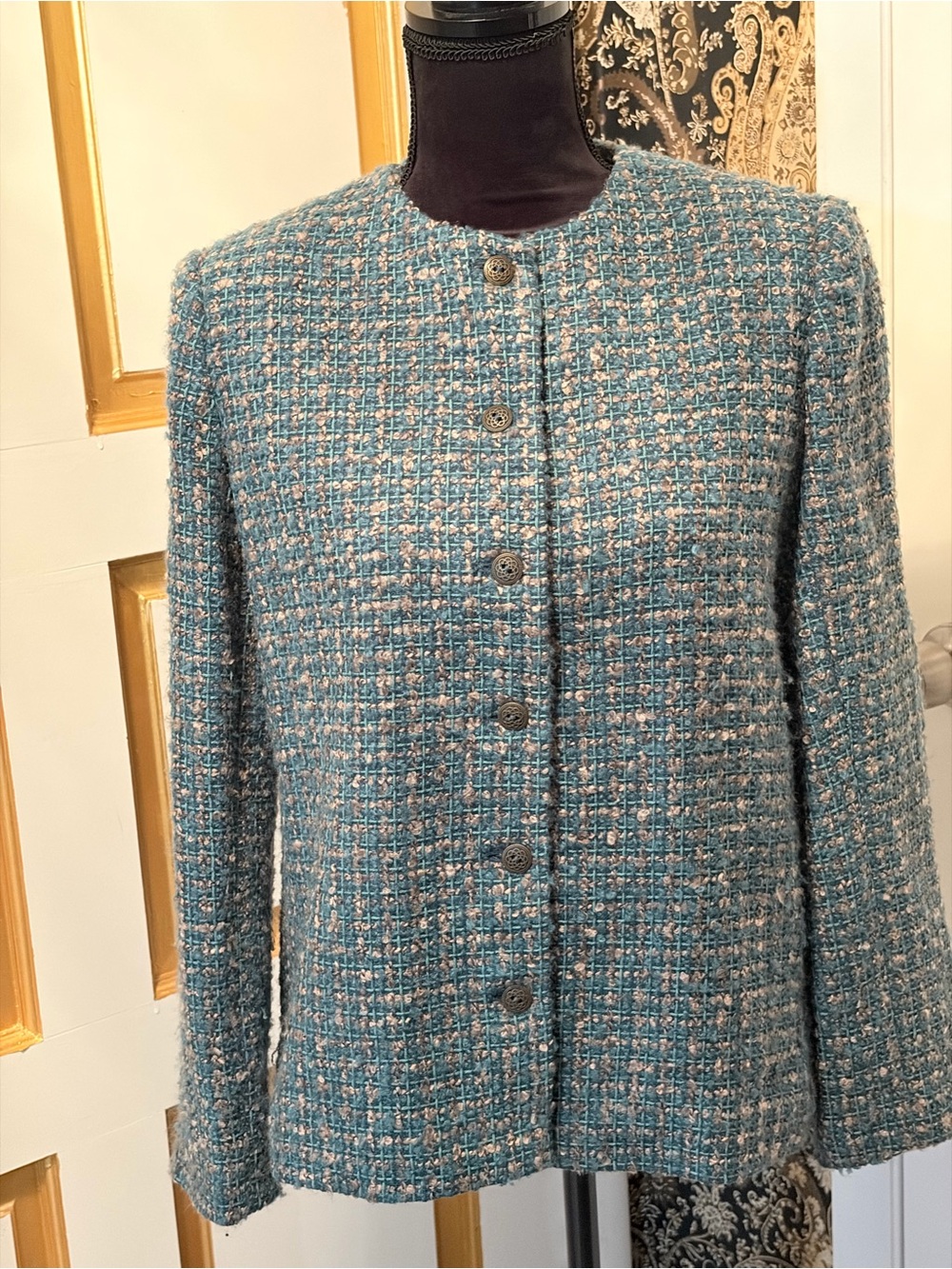 Alfred Dunner Classic Teal and Cream Boucle Button Front Tweed Jacket -